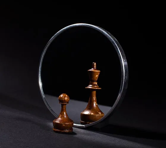 Chess pawn and king in a mirror