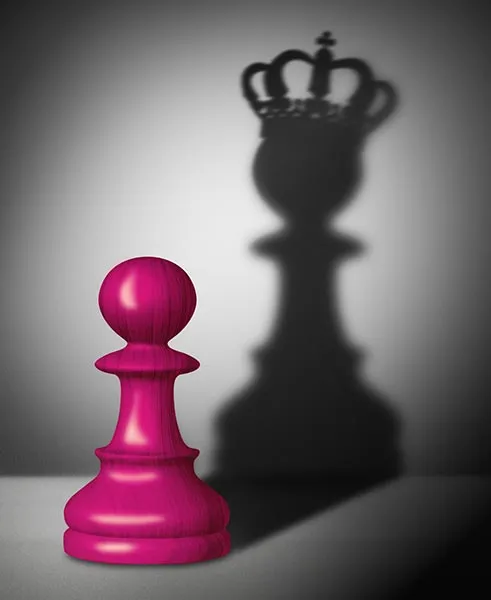 A pawn in the Chess4Kids colors shadowing a queen